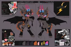 Size: 6000x4000 | Tagged: safe, artist:ivanmidnight, derpibooru import, oc, oc:altered carbon, oc:midnight storm, unofficial characters only, bat pony, pony, amputee, angry, artificial wings, augmented, belly button, bipedal, bipedal leaning, clothes, cutie mark, cyberpunk, dock, dock piercing, fangs, female, forked tongue, golf club, hologram, hoofless socks, horns, image, industrial piercing, leaning, lichtenberg figure, looking at you, looking back, mare, piercing, png, ponytail, prosthetic leg, prosthetic limb, prosthetic wing, prosthetics, rear view, red eyes, reference sheet, simple background, slit eyes, socks, solo, spread wings, tongue out, torn ear, underhoof, wings