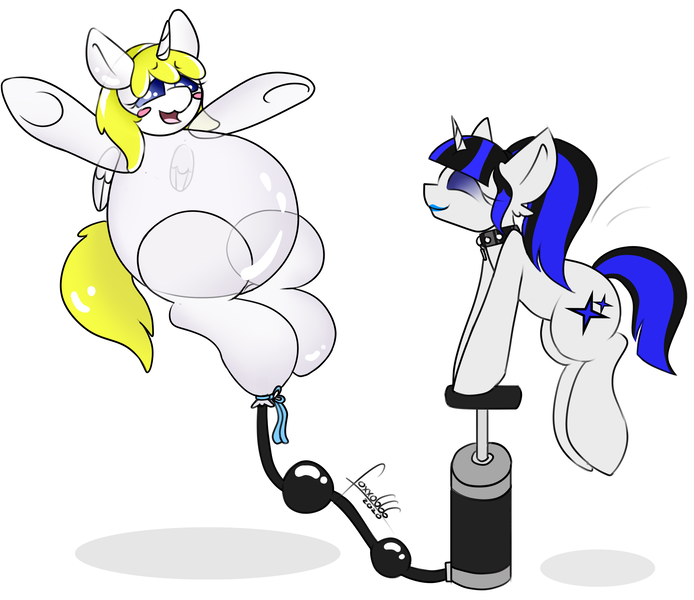 Size: 2950x2550 | Tagged: safe, artist:foxxo666, derpibooru import, oc, oc:coldlight bluestar, oc:deadie, unofficial characters only, balloon pony, inflatable pony, balloon, balloon fetish, blushing, fetish, floating, hose bulges, image, inflatable, inflation, overinflation, png, pump