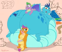Size: 4500x3800 | Tagged: suggestive, artist:rupertbluefox, derpibooru import, princess ember, smolder, spike, dragon, series:how to gain your dragoness, belly, belly bed, belly button, big belly, burp, cake, chubby, chubby spike, descriptive noise, dialogue, dragoness, dragonlard ember, drink, eyes closed, fat, fat ass, fat fetish, fat spike, feeding tube, female, fetish, food, full mouth, gem, hose, hug, huge belly, image, immobile, impossibly large belly, incentive drive, lying down, male, morbidly obese, mug, obese, one eye closed, png, prone, sblobder, squished, squishy cheeks, stuffing, tongue out, trio, weight gain, weight gain sequence, wide eyes