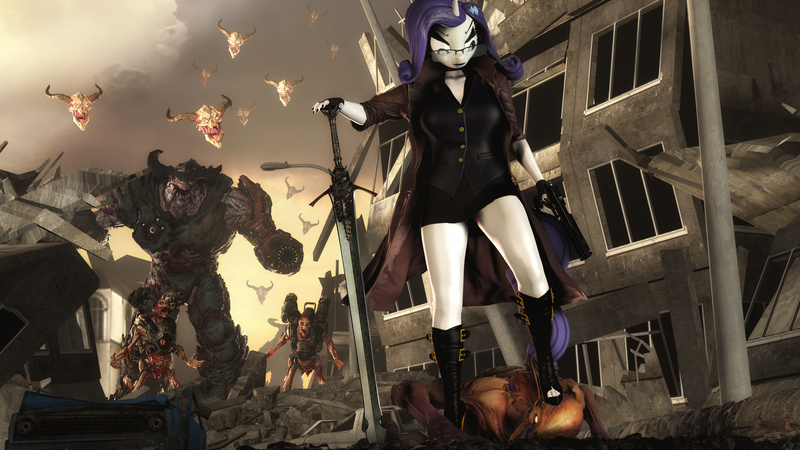 Size: 2560x1440 | Tagged: grimdark, artist:artempredator, derpibooru import, rarity, anthro, revenant, undead, 3d, breasts, clothes, crossover, cyberdemon, devil may cry, doom, image, jpeg, lost soul