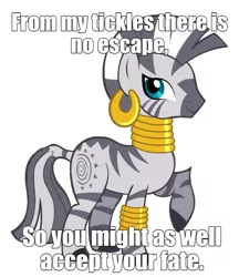 Size: 1107x1280 | Tagged: safe, artist:shelltoon, derpibooru import, edit, vector edit, zecora, zebra, bronybait, caption, image, imminent tickles, implied tickling, jpeg, looking at you, raised hoof, smiling, text, this will end in tickles, vector