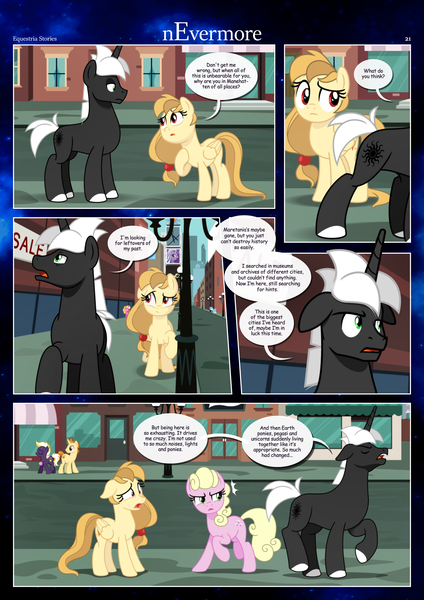 Size: 3259x4607 | Tagged: safe, artist:estories, derpibooru import, golden crust, millie, oc, oc:alice goldenfeather, oc:curly mane, oc:möbius, oc:wildheart, unofficial characters only, pegasus, pony, unicorn, comic:nevermore, comic, horn, image, pegasus oc, png, speech bubble, unicorn oc, wings