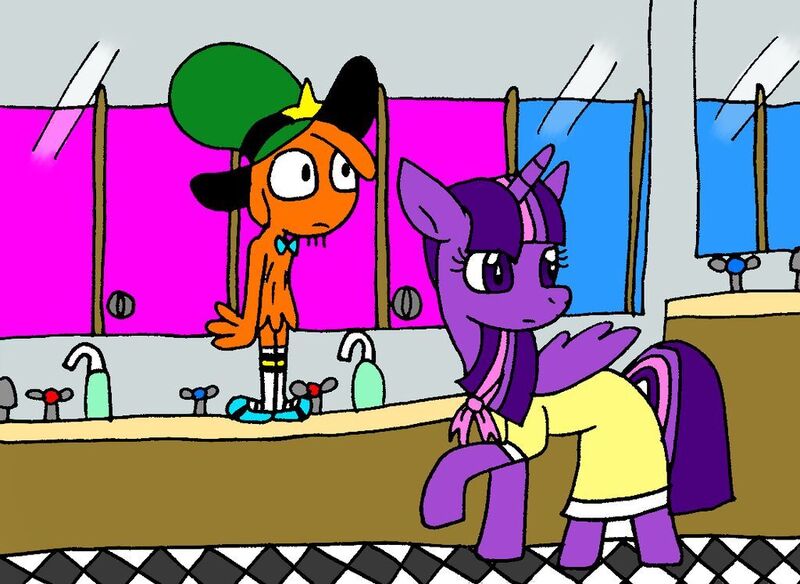 Size: 1024x748 | Tagged: safe, artist:cmara, derpibooru import, twilight sparkle, twilight sparkle (alicorn), alicorn, pony, birthday dress, crossover, friendshipping, image, jpeg, restroom, school, wander (wander over yonder), wander over yonder