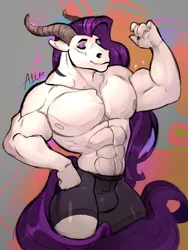 Size: 1500x2000 | Tagged: suggestive, artist:a1tar, derpibooru import, oc, oc:gray rain, unofficial characters only, anthro, earth pony, abs, abstract background, anthro oc, belly button, biceps, bipedal, bodybuilder, boxers, bulges, caption, clothes, crotch bulge, ear piercing, earring, earth pony oc, eyeshadow, hooped earrings, horns, huge mane, image, jewelry, makeup, male, male nipples, multicolored hair, muscles, muscular male, partial nudity, pecs, piercing, png, sexy, shorts, signature, solo, solo male, standing, tail, topless, underwear