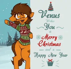 Size: 1813x1739 | Tagged: safe, artist:marsminer, derpibooru import, oc, oc:venus spring, unofficial characters only, pony, unicorn, bipedal, card, christmas, christmas sweater, clothes, female, happy new year, holiday, image, looking at you, mare, merry christmas, new year, no pupils, open mouth, patreon, patreon reward, png, smiling, snow, solo, sweater, venus spring actually having a pretty good time, waving, winter