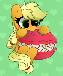 Size: 3428x4096 | Tagged: safe, artist:kittyrosie, derpibooru import, part of a set, applejack, earth pony, blushing, chibi, cute, eating, food, green background, hatless, heart, image, jackabetes, jpeg, macaron, missing accessory, part of a series, remake, simple background, sitting, solo