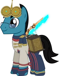 Size: 2377x3056 | Tagged: safe, artist:sketchmcreations, derpibooru import, oc, oc:sketch mythos, earth pony, pony, clothes, cosplay, costume, glasses, goggles, hyrule warriors, hyrule warriors: age of calamity, image, male, nightmare night, png, robbie, scarf, scientist, sheikah, simple background, stallion, sword, the legend of zelda, the legend of zelda: breath of the wild, transparent background, vector, weapon