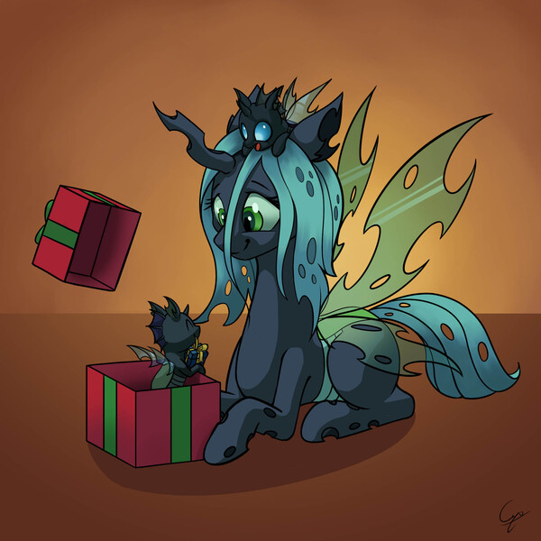 Size: 2195x2195 | Tagged: safe, artist:cyonixcymatro, derpibooru import, queen chrysalis, changeling, changeling queen, christmas, christmas changeling, christmas presents, cute, cutealis, eyes closed, female, gift giving, high res, holiday, image, jpeg, looking at each other, looking at someone, lying down, male, mommy chrissy, open mouth, present, prone, sitting on head, smiling, spread wings, stray strand, weapons-grade cute, wings