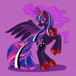 Size: 1080x1080 | Tagged: safe, artist:mediocremare, derpibooru import, twilight sparkle, twilight sparkle (alicorn), alicorn, pony, corrupted twilight sparkle, ethereal mane, female, glowing horn, hoof shoes, horn, image, jewelry, jpeg, looking back, mare, nightmare twilight, nightmarified, peytral, purple background, rearing, simple background, solo, starry mane, tiara, wings