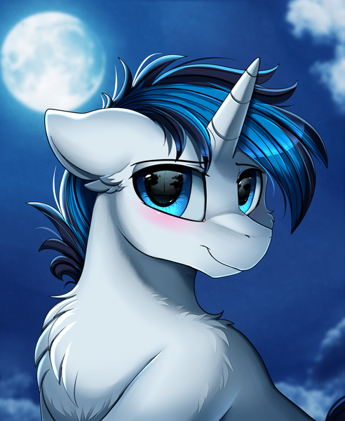 Size: 1446x1764 | Tagged: safe, artist:pridark, derpibooru import, oc, oc:solar gizmo, unofficial characters only, pony, unicorn, blushing, bust, chest fluff, commission, cute, handsome, image, male, moon, night, night sky, png, portrait, sky, smiling, solo