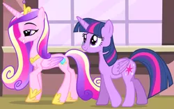 Size: 1858x1169 | Tagged: safe, derpibooru import, screencap, princess cadance, twilight sparkle, twilight sparkle (alicorn), alicorn, pony, three's a crowd, cropped, duo, female, image, lidded eyes, mare, palindrome get, png, raised hoof, sisters-in-law, smiling, walking