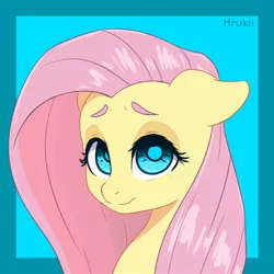 Size: 850x850 | Tagged: safe, artist:hrukii, derpibooru import, fluttershy, pony, abstract background, bust, cropped, cute, ear fluff, female, floppy ears, image, jpeg, looking at you, mare, portrait, redraw, shyabetes, smiling, solo, three quarter view