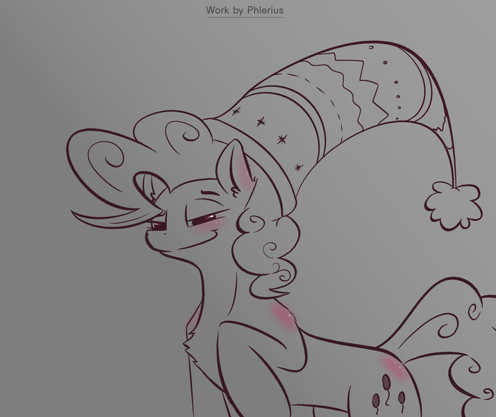 Size: 2500x2100 | Tagged: safe, artist:phlerius, derpibooru import, pinkie pie, earth pony, pony, black and white, digital art, grayscale, hat, image, monochrome, png, solo