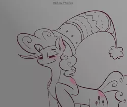 Size: 2500x2100 | Tagged: safe, artist:phlerius, derpibooru import, pinkie pie, earth pony, pony, black and white, digital art, grayscale, hat, image, monochrome, png, solo