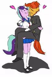 Size: 733x1081 | Tagged: safe, anonymous artist, derpibooru import, starlight glimmer, sunburst, anthro, pony, unicorn, bridal carry, carrying, clothes, cute, derpibooru exclusive, female, glasses, heart, image, jpeg, kissing, male, mare, mary janes, romantic, sailor uniform, school uniform, shipping, shoes, simple background, skirt, smooch, stallion, starburst, straight, sunburst's glasses, uniform, white background