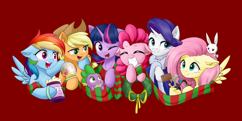 Size: 3600x1800 | Tagged: safe, artist:astery, derpibooru import, angel bunny, applejack, discord, fluttershy, pinkie pie, princess celestia, princess luna, rainbow dash, rarity, spike, starlight glimmer, twilight sparkle, draconequus, dragon, earth pony, pegasus, pony, rabbit, unicorn, :i, animal, chest fluff, cute, derpibooru exclusive, ear fluff, eyes closed, female, group, hearth's warming, hoof around neck, i mean i see, image, looking at you, male, mane seven, mane six, mare, micro, mug, one eye closed, open mouth, png, red background, side hug, sign, simple background, smiling, snow globe, wink, wreath