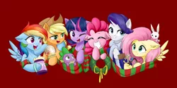 Size: 3600x1800 | Tagged: safe, artist:astery, derpibooru import, angel bunny, applejack, discord, fluttershy, pinkie pie, princess celestia, princess luna, rainbow dash, rarity, spike, starlight glimmer, twilight sparkle, draconequus, dragon, earth pony, pegasus, pony, rabbit, unicorn, :i, animal, chest fluff, cute, derpibooru exclusive, ear fluff, eyes closed, female, group, hearth's warming, hoof around neck, i mean i see, image, looking at you, male, mane seven, mane six, mare, micro, mug, one eye closed, open mouth, png, red background, side hug, sign, simple background, smiling, snow globe, wink, wreath