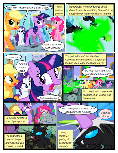 Size: 612x792 | Tagged: safe, derpibooru import, edit, edited screencap, screencap, applejack, fluttershy, pinkie pie, rainbow dash, rarity, twilight sparkle, changeling, earth pony, pegasus, pony, unicorn, comic:friendship is dragons, a canterlot wedding, blast, comic, dialogue, eyelashes, female, fight, freckles, image, magic, magic blast, mane six, mare, newbie artist training grounds, open mouth, outdoors, png, raised hoof, running, screencap comic, unicorn twilight