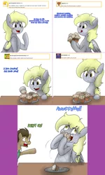 Size: 1502x2504 | Tagged: safe, artist:asksweetdisaster, derpibooru import, derpy hooves, doctor whooves, time turner, earth pony, pegasus, pony, lovestruck derpy, duo, female, food, image, male, mare, muffin, png, stallion, that pony sure does love muffins