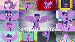 Size: 1280x722 | Tagged: safe, derpibooru import, edit, edited screencap, editor:quoterific, screencap, princess cadance, shining armor, twilight sparkle, twilight sparkle (alicorn), alicorn, pony, unicorn, fame and misfortune, horse play, magical mystery cure, princess twilight sparkle (episode), school daze, the beginning of the end, the cutie map, the ending of the end, the hooffields and mccolts, the one where pinkie pie knows, the times they are a changeling, three's a crowd, twilight's kingdom, eyes closed, female, glowing eyes, glowing horn, gritted teeth, horn, image, magic, magic aura, nose in the air, one eye closed, open mouth, png, solo, spread wings, sugarcube corner, teeth, text, train station, twilight's castle, volumetric mouth, wings, wink