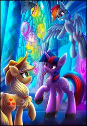 Size: 2100x3028 | Tagged: safe, artist:atlas-66, derpibooru import, applejack, rainbow dash, twilight sparkle, pegasus, unicorn, fanfic:the empty room, canterlot castle, canterlot throne room, image, language, night, palace, png, stained glass, throne room, tongue out