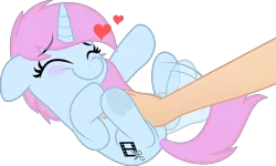 Size: 5000x3002 | Tagged: safe, artist:jhayarr23, derpibooru import, oc, oc:tylad, unicorn, bellyrubs, female, floppy ears, hand, heart, image, leg twitch, png, twitching, underhoof