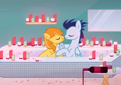 Size: 2603x1831 | Tagged: safe, artist:_cat_smoker_, derpibooru import, braeburn, soarin', earth pony, pegasus, pony, alcohol, bath, bathroom, bathtub, boop, bottle, candle, candlelight, commission, eyes closed, gay, glass bottle, holding hooves, hoof on chin, image, kissing, male, mirror, noseboop, png, raised hoof, shipping, soarburn, stallion, water, wine, wine bottle, ych result