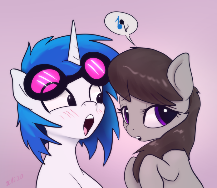 Size: 1810x1562 | Tagged: safe, artist:xbi, derpibooru import, octavia melody, vinyl scratch, earth pony, pony, unicorn, 30 minute art challenge, 30 minute art challenge finished after, blushing, cute, dialogue, female, glasses, gradient background, image, lesbian, mare, music notes, pictogram, png, scratchtavia, shipping, simple background, speech bubble, tavibetes, vinylbetes
