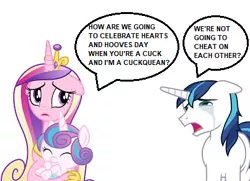 Size: 393x284 | Tagged: suggestive, derpibooru import, princess cadance, princess flurry heart, shining armor, caption, crying, cuckold, homewrecker, image, image macro, op is a duck, op is trying to start shit, png, sad, text