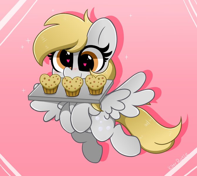 Size: 4096x3661 | Tagged: safe, artist:kittyrosie, derpibooru import, derpy hooves, pegasus, cute, derpabetes, female, food, heart eyes, image, jpeg, mouth hold, muffin, solo, tray, wingding eyes