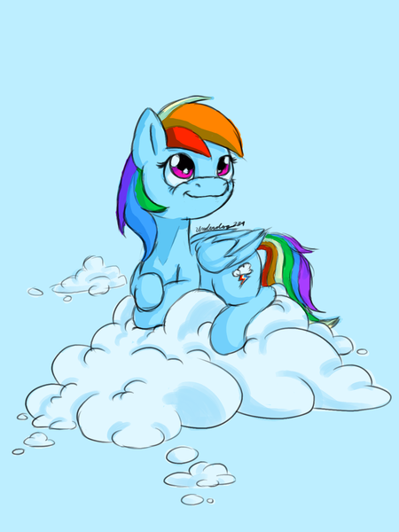 Size: 1200x1600 | Tagged: safe, artist:underdog234, derpibooru import, rainbow dash, pegasus, pony, blue background, cloud, female, image, lying down, lying on a cloud, mare, on a cloud, png, simple background, solo