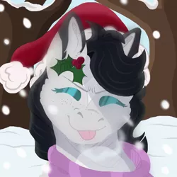 Size: 630x630 | Tagged: safe, alternate version, artist:darestorm, derpibooru import, oc, unofficial characters only, earth pony, pony, :p, bust, christmas, clothes, earth pony oc, hat, holiday, holly, image, jpeg, outdoors, santa hat, scarf, snow, solo, tongue out, tree
