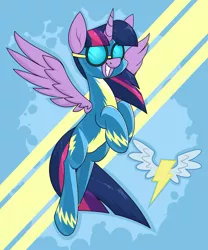 Size: 2053x2465 | Tagged: safe, alternate version, artist:moonatik, derpibooru import, twilight sparkle, twilight sparkle (alicorn), alicorn, pony, abstract background, clothes, female, goggles, grin, image, latex, latex suit, mare, png, smiling, solo, spread wings, uniform, wings, wonderbolts, wonderbolts logo, wonderbolts uniform, wondersparkle