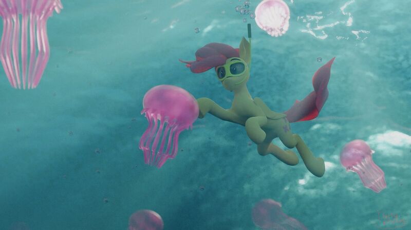 Size: 1280x719 | Tagged: safe, artist:fluffyrescent, derpibooru import, fluttershy, jellyfish, pegasus, pony, cute, image, jpeg, ocean, scuba diving, scuba mask, shyabetes, solo, swimming, that pony sure does love animals, that pony sure loves nature, water, watershy