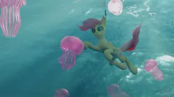 Size: 1280x719 | Tagged: safe, artist:fluffyrescent, derpibooru import, fluttershy, jellyfish, pegasus, pony, cute, image, jpeg, ocean, scuba diving, scuba mask, shyabetes, solo, swimming, that pony sure does love animals, that pony sure loves nature, water, watershy
