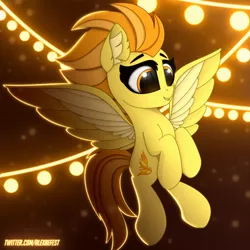 Size: 3000x3000 | Tagged: safe, artist:alexbefest, derpibooru import, spitfire, pegasus, pony, colored wings, ear fluff, female, flying, food, image, mare, multicolored wings, orange, png, simple background, smiling, solo, spread wings, wings, wonderbolts, yellow