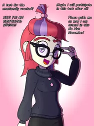 Size: 3000x4000 | Tagged: safe, artist:thealjavis, derpibooru import, moondancer, human, comic:no nut moondancer, equestria girls, clothes, cute, dancerbetes, dialogue, equestria girls-ified, eyebrows, eyelashes, female, glasses, hair bun, humanized, image, light skin, looking at you, looking forward, multicolored hair, no nut november, open mouth, png, purple hair, red hair, redhead, short hair, simple background, smiling, solo, standing, sweater, text