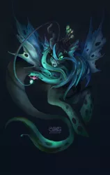 Size: 808x1280 | Tagged: safe, artist:komical, derpibooru import, queen chrysalis, angler fish, changeling, changeling queen, fish, merpony, seapony (g4), unicorn, angler seapony, bioluminescent, colored pupils, crown, eyelashes, fangs, female, fin wings, fish tail, flowing mane, glow, green eyes, horn, image, jewelry, jpeg, logo, regalia, seaponified, solo, species swap, tail, underwater, water, wings