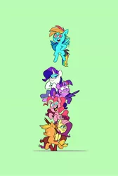 Size: 2752x4096 | Tagged: safe, artist:kylesmeallie, derpibooru import, applejack, fluttershy, pinkie pie, rainbow dash, rarity, twilight sparkle, twilight sparkle (alicorn), alicorn, earth pony, pegasus, pony, unicorn, cowboy hat, earth pony strength, eyes closed, female, flying, green background, hat, image, jpeg, mane six, mare, no pupils, pony pile, scared, simple background, stack, tower of pony