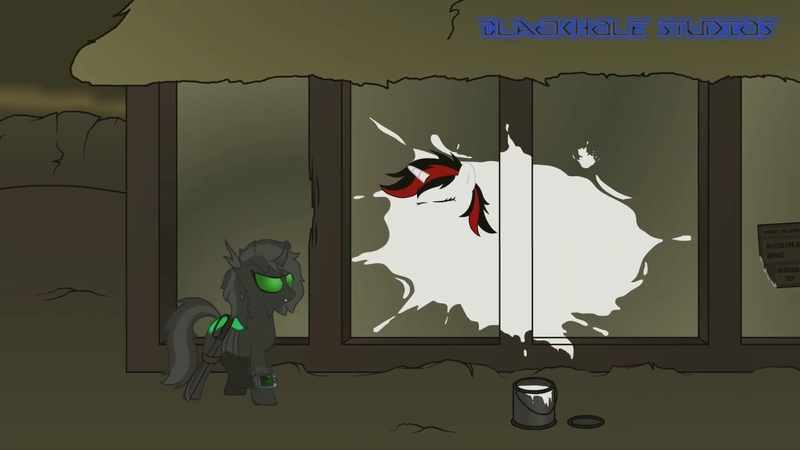 Size: 1701x957 | Tagged: safe, artist:blackholestudios, derpibooru import, screencap, oc, oc:blackjack, changeling, unicorn, fallout equestria, fallout equestria: project horizons, changeling oc, disguise, fanfic art, green changeling, hiding, image, jpeg, stealth pun, wasteland