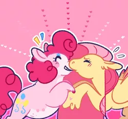 Size: 1024x951 | Tagged: safe, artist:babypaste, derpibooru import, fluttershy, pinkie pie, earth pony, pegasus, pony, eyes closed, female, flutterpie, image, jpeg, kissing, lesbian, mare, pink background, shipping, simple background