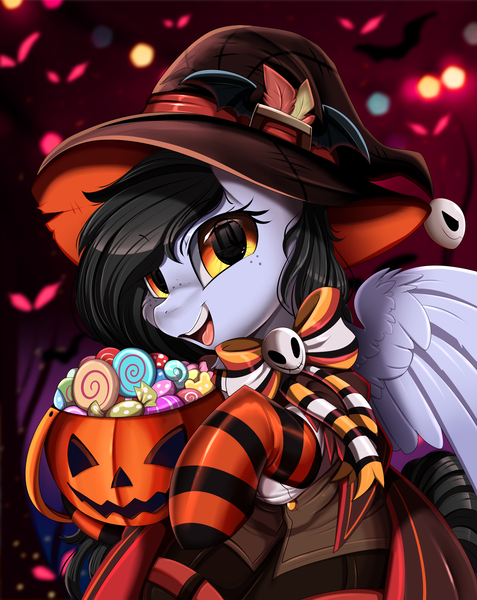 Size: 2550x3209 | Tagged: safe, artist:pridark, derpibooru import, part of a set, oc, unofficial characters only, pegasus, pony, candy, clothes, commission, food, halloween, hat, high res, holiday, image, jack-o-lantern, open mouth, png, pumpkin, socks, solo, striped socks, wings, witch hat, ych result