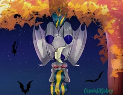 Size: 2048x1592 | Tagged: safe, artist:cosmiclitgalaxy, derpibooru import, oc, unofficial characters only, bat pony, pony, blushing, dock, image, inverted, jpeg, solo, tree, upside down