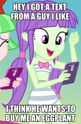 Size: 584x895 | Tagged: safe, derpibooru import, screencap, drama letter, starlight, watermelody, equestria girls, equestria girls series, i'm on a yacht, spoiler:eqg series (season 2), background human, bare shoulders, beach shorts swimsuit, bikini, caption, clothes, cropped, eyes closed, female, image, image macro, innocent, innuendo, midriff, mobile phone, oblivious, phone, png, sexually oblivious, sleeveless, smartphone, solo focus, swimsuit, text