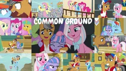 Size: 1974x1111 | Tagged: safe, derpibooru import, edit, edited screencap, editor:quoterific, screencap, caramel, clear sky, daisy, flower wishes, fluttershy, orion, pinkie pie, quibble pants, rainbow dash, shooting star (character), snails, wind sprint, earth pony, pegasus, pony, unicorn, common ground, angry, clothes, eyes closed, facewing, female, glowing horn, grin, gritted teeth, hat, horn, image, magic, magic aura, nervous, nervous grin, open mouth, png, smiling, unamused, vest, whistle