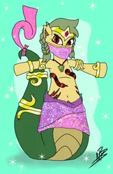 Size: 1200x1848 | Tagged: safe, artist:shappy the lamia, derpibooru import, oc, oc:shappy, earth pony, genie, hybrid, lamia, original species, pony, arabian pony, arabic, beautiful, belly button, belly dance, belly dancer, belly dancer outfit, bracelet, braid, clothes, cute, dancer, dancing, diamond, eye contact, fangs, front view, gem, gold, green mane, hips, image, jewelry, knot, lips, lipstick, looking at each other, necklace, pigtails, png, red eyes, scales, shantae, shiny, short mane, skirt, slit eyes, snake eyes, snake tail, solo, tiara, veil, yellow