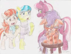 Size: 1117x850 | Tagged: safe, artist:semijuggalo, derpibooru import, aunt holiday, auntie lofty, cheerilee, scootaloo, earth pony, pegasus, pony, angry, bandaid, black eye, blood, bruised, concerned, image, implied fight, nosebleed, png, stool, time out, traditional art