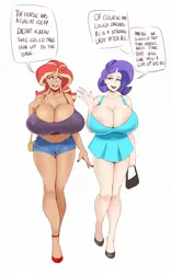 Size: 1275x2048 | Tagged: suggestive, artist:sundown, derpibooru import, rarity, sunset shimmer, human, areola, areola slip, big breasts, breasts, busty rarity, busty sunset shimmer, cleavage, erect nipples, female, females only, horn, horned humanization, huge breasts, humanized, image, implied applejack, implied bestiality, impossibly large breasts, jpeg, nipple outline, simple background, speech bubble, white background