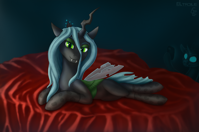 Size: 3000x2000 | Tagged: suggestive, artist:eltaile, derpibooru import, queen chrysalis, changeling, changeling queen, bed, bedroom, bedroom eyes, clothes, crown, cute, cutealis, duo, fangs, female, horn, image, jewelry, legwear, looking at you, mobile phone, phone, png, regalia, royalty, smartphone, socks, stockings, thigh highs, wings