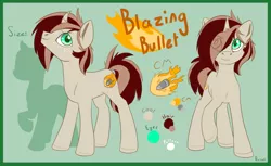 Size: 3533x2160 | Tagged: safe, artist:rosafi, derpibooru import, oc, oc:blazing bullet, unicorn, brown mane, bullet, green eyes, horn, image, png, reference sheet, solo, unicorn oc